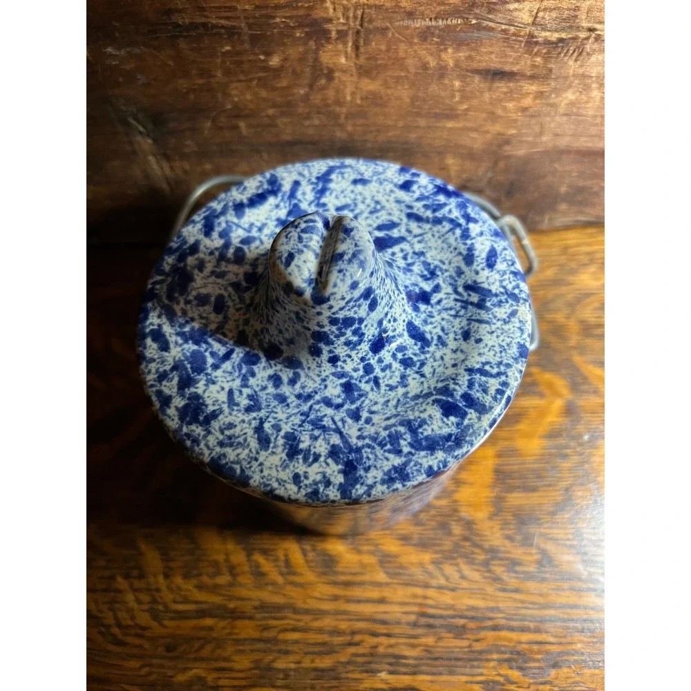 Vintage Pine River Blue Spongeware Stoneware Crock with Lid and Wire Bale Handle